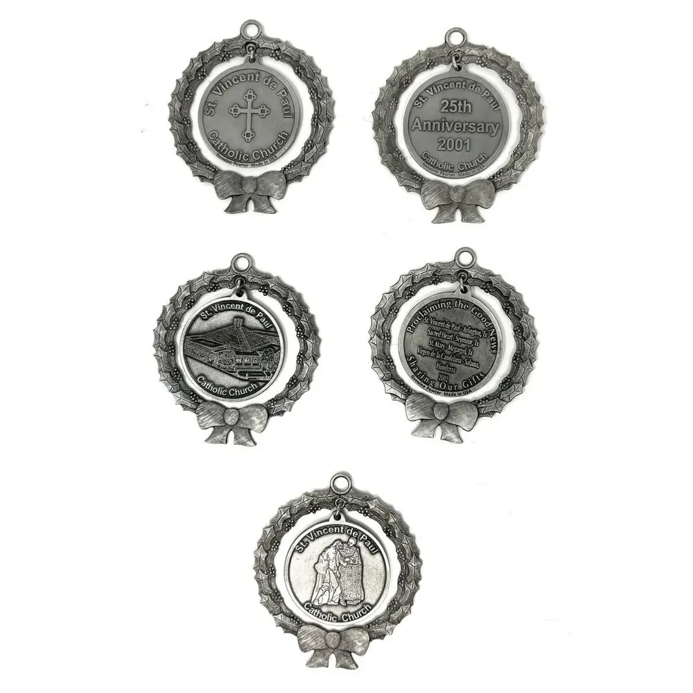 VTG Lot St. Vincent de Paul Catholic Church Pewter 5 Christmas Ornaments 2.5